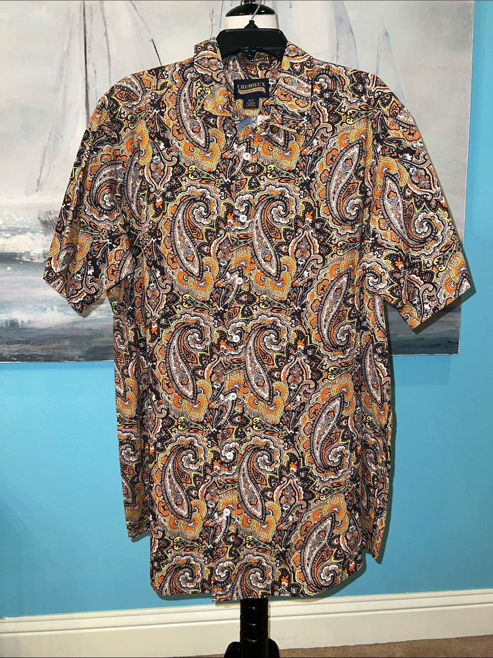 NWT Daniel Cremieux Orange & Brown Paisley Short-Sleeve Button-Up Shirt, XL Tall
